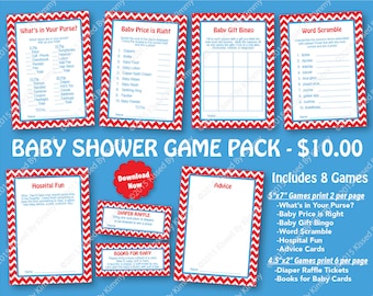 25% OFF -Red and Blue Baby Shower Game Pack -PRINTABLE Boy/Girl Shower Games- 8 Pack -Red Bright Blue Chevron Party Seuss Diaper Raffle 2-13