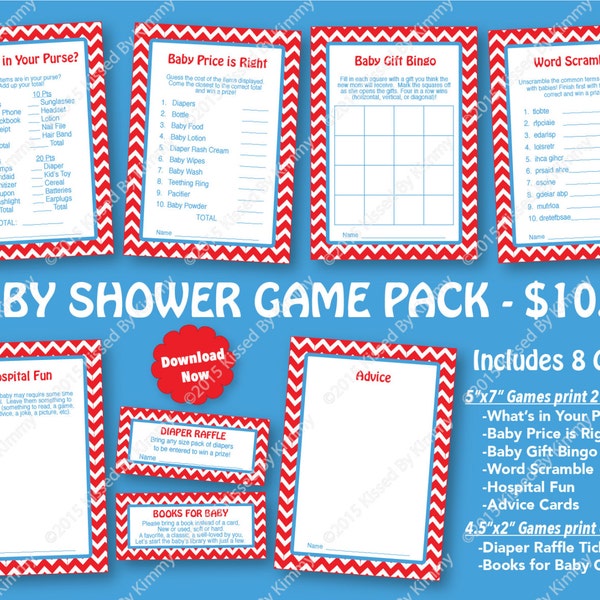 25% OFF -Red and Blue Baby Shower Game Pack -PRINTABLE Boy/Girl Shower Games- 8 Pack -Red Bright Blue Chevron Party Seuss Diaper Raffle 2-13
