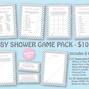 Pink Blue Baby Shower Game Pack - 60% OFF -PRINTABLE Shower Games- 8 Pack - Gender Reveal Party - L Gray Pastel Pink Pastel Blue 22-20-15