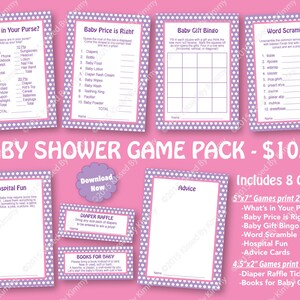Pink Purple Baby Shower Game Pack - 70% OFF -PRINTABLE Girl Shower Games- 8 Pack - Polka Dot Party Decor - Lavender Baby Pink 17-19 19-17