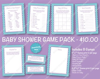 50% Off SALE Lavender and Teal Baby Shower Game Pack - PRINTABLE Aqua Baby Shower Games- 8 Pack - Light Teal Lavender -Diaper Raffle Ticket