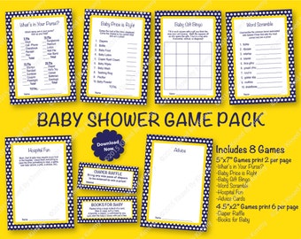 Navy Yellow Baby Shower Game Pack - PRINTABLE Baby Shower Games 8 Pack - Navy Blue Bright Yellow - Polka Dot Party -Diaper Raffle Ticket