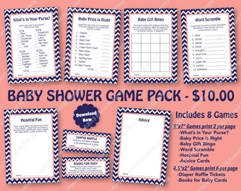 Nautical Baby Shower Game Pack Coral Navy -50% OFF- PRINTABLE Baby Shower Games 8 Pack -Navy Blue Coral -Nautical Party Diaper Raffle Ticket