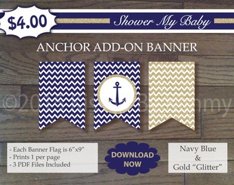 Nautical Baby Shower Banner - 25% Off - Gold and Navy Add-On Banner -Printable Baby Girl Boy Shower Banner - Anchor - Navy Blue Gold 12-G43