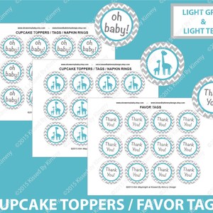 Teal Gray Baby Shower Decorations - Giraffe Thank You Tags - PRINTABLE Baby Shower Cupcake Toppers - Light Gray Light Teal - Favor Tags
