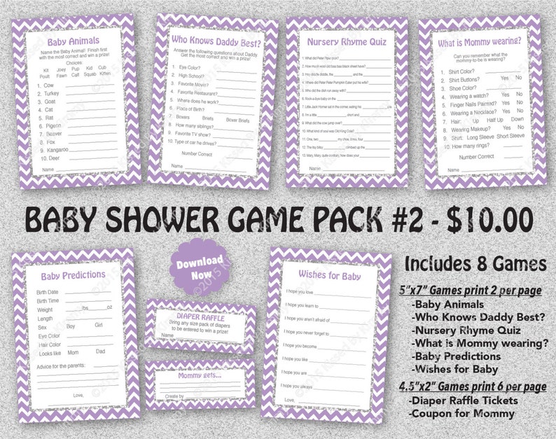 80 Off Sale Lavender Silver Glitter Baby Shower Game Pack 2 Etsy