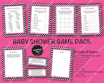 Rosa Baby Shower-spelpaket - UTSKRIVBARA Duschspel - 8-pack - Svart ljusrosa Minnie Baby Shower Chevron Partydekoration Blöjlotteri