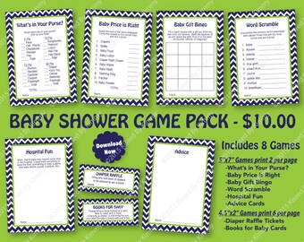 Blue and Green Baby Shower Game Pack - PRINTABLE Boy Baby Shower Games 8 Pack - Navy Lime -Nautical -Chevron Party Diaper Raffle Ticket 12-8