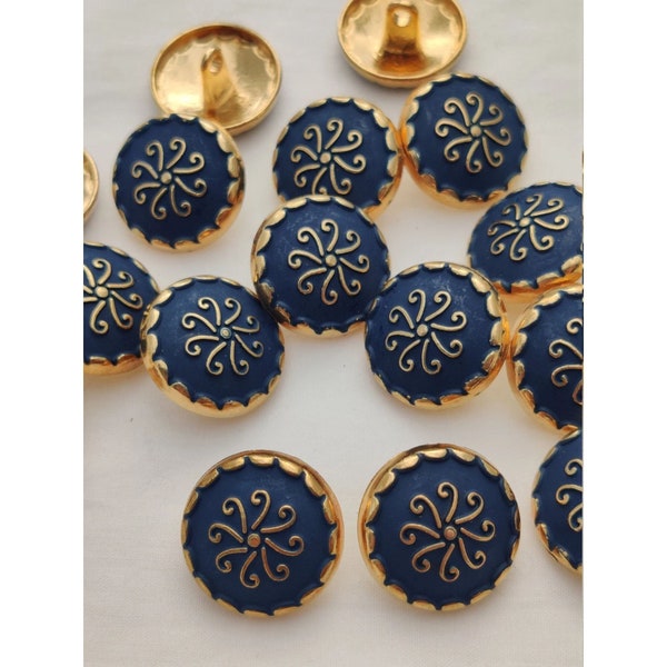 Antique Solid Metal Shank Button - 18 mm (7/10") Blue Color Blazer Button -High Quality Designer Downhole Button -Gold Polish Vintage Button