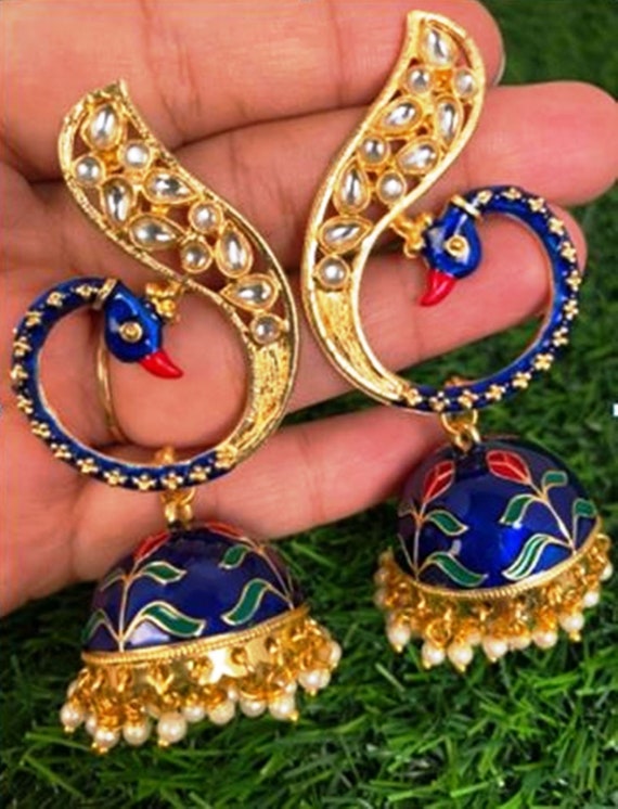 XL size Peacock Stud Meenakari jhumka earrings – Simpliful Jewelry
