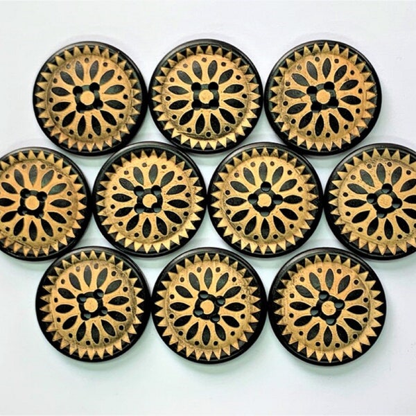 12 Pieces Natural Wood Button - 1.2 Inch Carved Wood Designer Buttons - Big Buttons - Organic Buttons - Black Buttons - Round 4 Hole Buttons