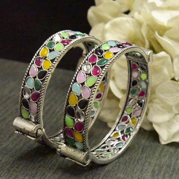 Multi Color Bangle - Silver Kada Bangle - Women Bangle - Traditional Bangle - Ethnic Jewelry - Handmade Jewelry -Indian Bangle -Gift For Her
