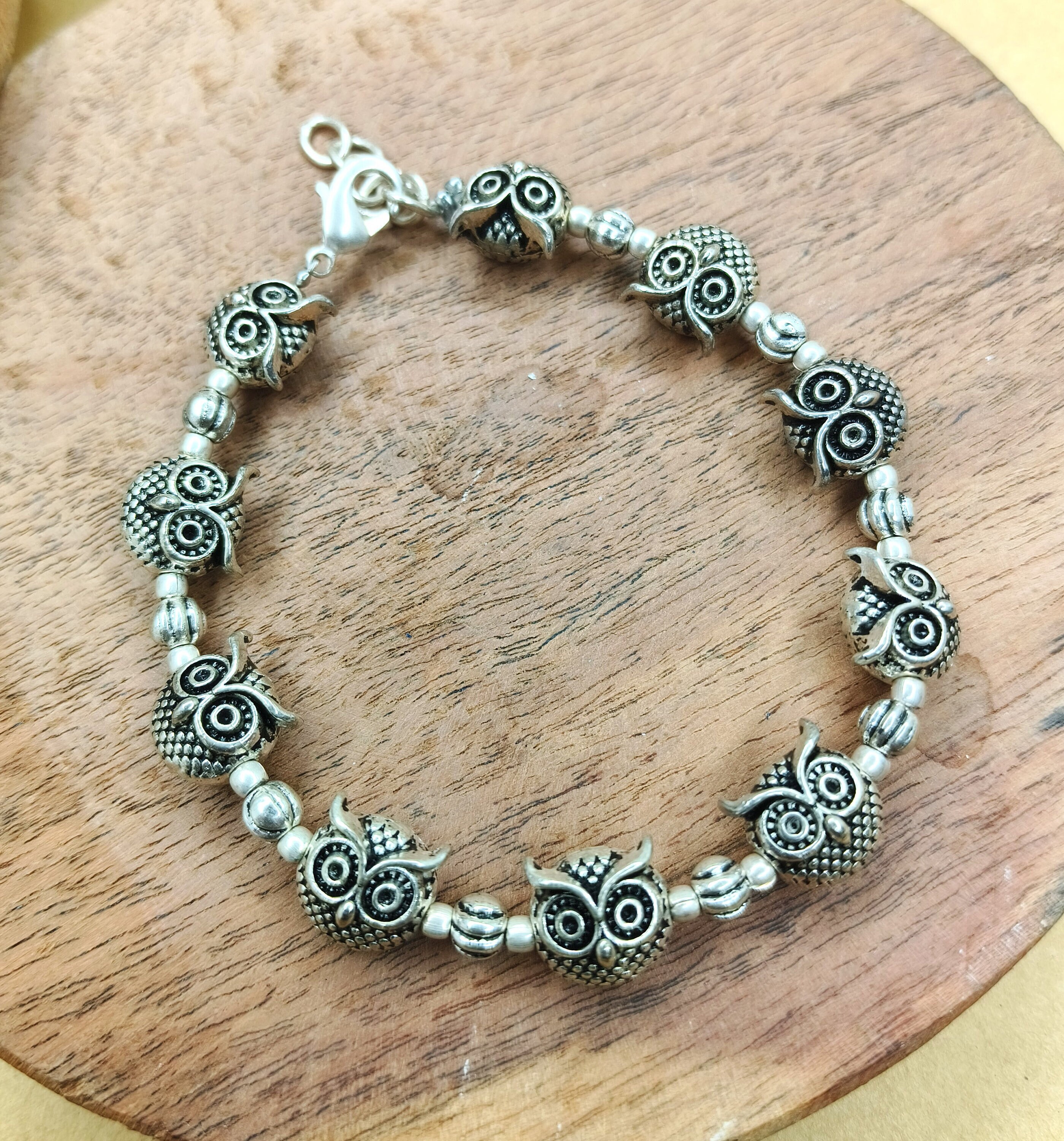 Oxidize Silver Bracelet - Silver Owl Bracelet - Bead Bracelet - Handmade Jewelry - Dainty Bracelet F