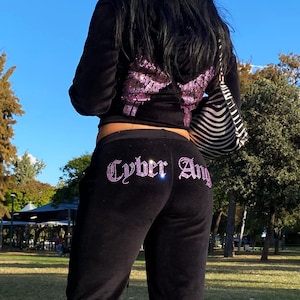 Cyber Angel black tracksuit - angel wings jacket - velour sweatpants - y2k mcbling clothing