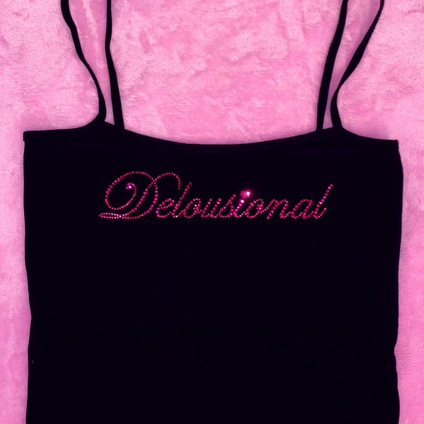 Sample sale - print typo - Delusional pink rhinestones cami top - mcbling Y2K clothing