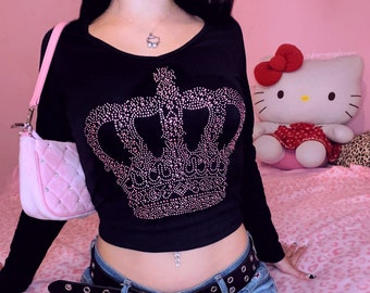 Bling princess Long sleeve top - Mcbling aesthetic - pink rhinestones tee