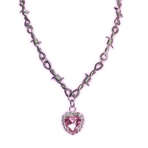 Barbed wire pink crystal heart necklace