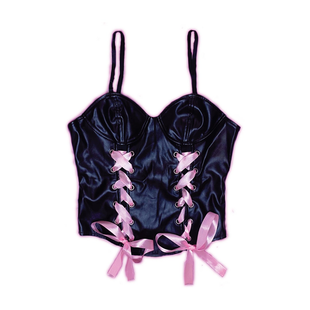 Faux Leather Pink Ribbon Corset Top Scenecore Emo Clothing Etsy