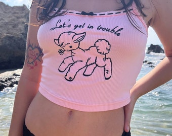 Let's get in trouble lamb embroidered pink crop top - soft aesthetic clothing