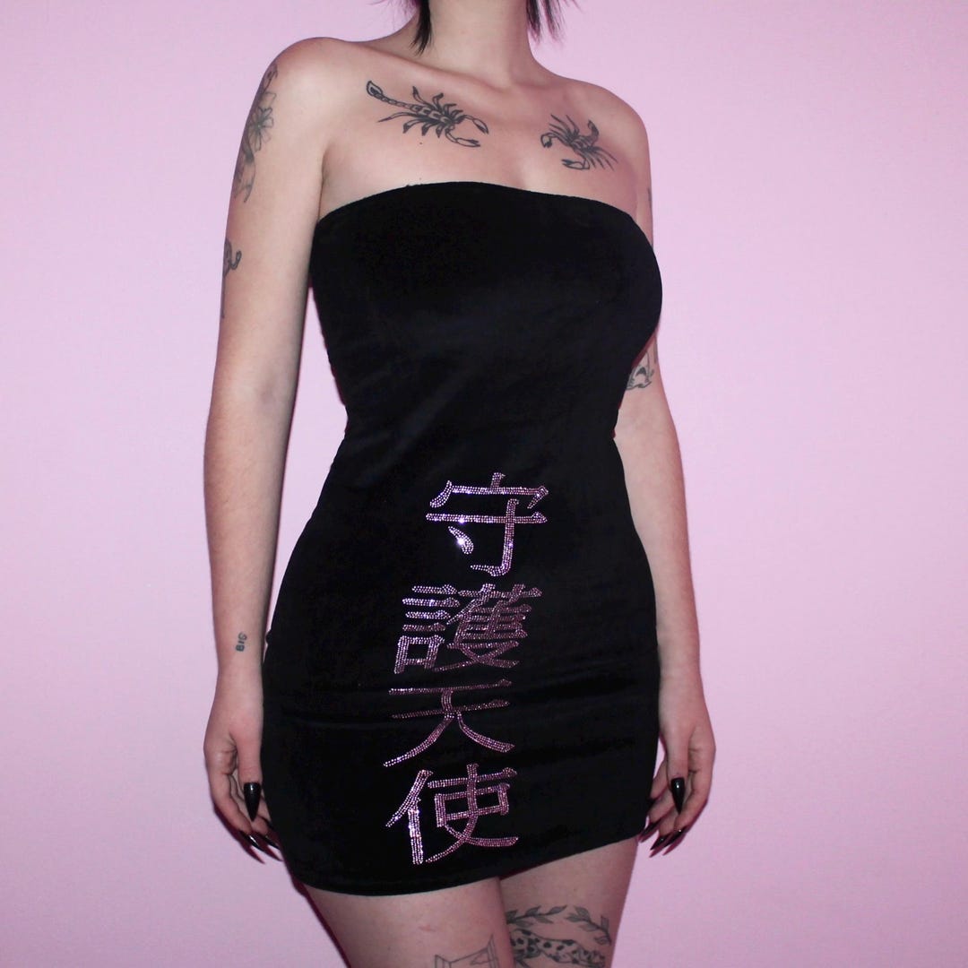 Bimbo Guardian Angel Black Velvet Bodycon Dress!~