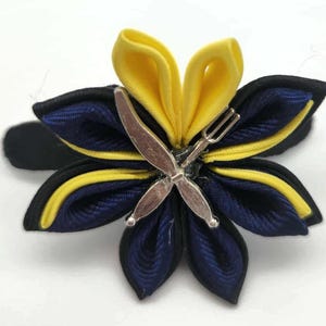 Cook Kanzashi Flower, Handmade Japanese Fabric Flower, Hair Clip, Black, Yellow and Navy, Hair Jewelry