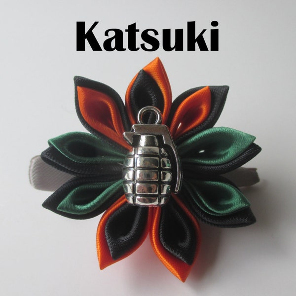 Katsuki Kanzashi Flower,Handmade Japanese Fabric Flower, Hair Clip, Green, Black, Orange, Anime Hair Jewelry