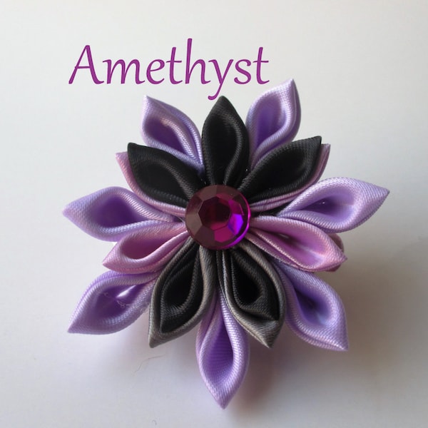 Amethyst Inspired Kanzashi Flower, Handmade Japanese Fabric Flower, Hair Clip, Purple and Black Hair Jewelry, Steven Universe Inspired