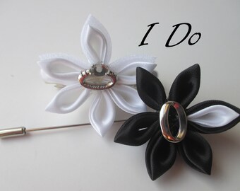 I Do Wedding Kanzashi Flower Hair clip, Handmade Japanese Fabric Flower Hair Clip, Black, White Hair Jewelry, Wedding Hair pin, Lapel Pin