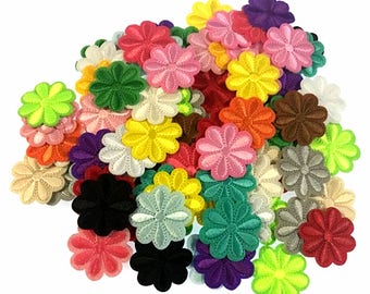 100PCS Assorted Color Small Flower Patch Sticker Embroidery Badge Iron On Applique Patch for Bags Jackets Tablecloth Bedsheets(100PA-FLOWER)