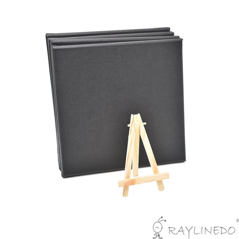 Set of 4pcs Mini Artist Black Canvas Frame 8x8inch Oil Water Painting Board Flat Canvas with 1pc Mini Wood Display Easel 20x20cm