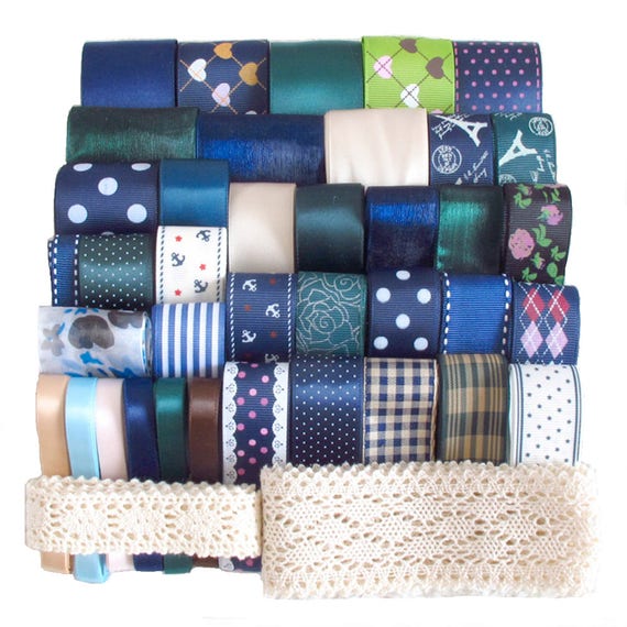 40x1Yard Mixed Style/Size Solid Grosgrain Ribbon Satin Ribbon Snow Yarn Ribbon Printed Cotton Lace Ribbon in Navy Series(CTJZ21RIMIX01-NAVY)