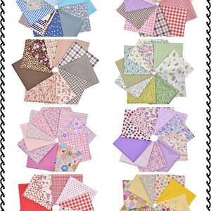 Può includere: Assortimento di 10 diversi quadrati di tessuto con vari motivi e colori, tra cui disegni floreali, a pois, a quadri e a righe. I quadrati di tessuto sono disposti in un motivo circolare.