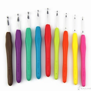 May include: Set of 9 colorful crochet hooks with ergonomic handles. The hooks are labeled with their size in millimeters: A-2.0mm, B-2.5mm, C-3.0mm, D-3.5mm, E-4.0mm, F-4.5mm, G-5.0mm, H-5.5mm, and I-6.0mm.