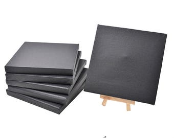 Set of 6pcs Mini Artist Black Canvas Frame 6x6inch ( 15x15cm ) Oil Water Painting Board Flat Canvas with 1pc Mini Wood Display Easel