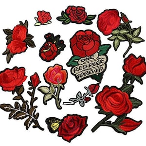 11PCS Red Rose Patch Stickers Embroidery Badge Iron On Applique Patch for Bags Jackets Tablecloth Bedsheets