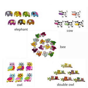 May include: Assortment of colourful wooden buttons featuring various animal designs, including elephants, cows, bees, and owls. The buttons are perfect for crafting and sewing projects.