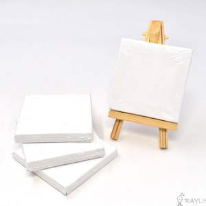Set of 4pcs Mini Artist Blank Canvas Frame 3x3inch ( 7x7cm ) Oil Water Painting Board Flat Canvas with 1pc Mini Wood Display Easel
