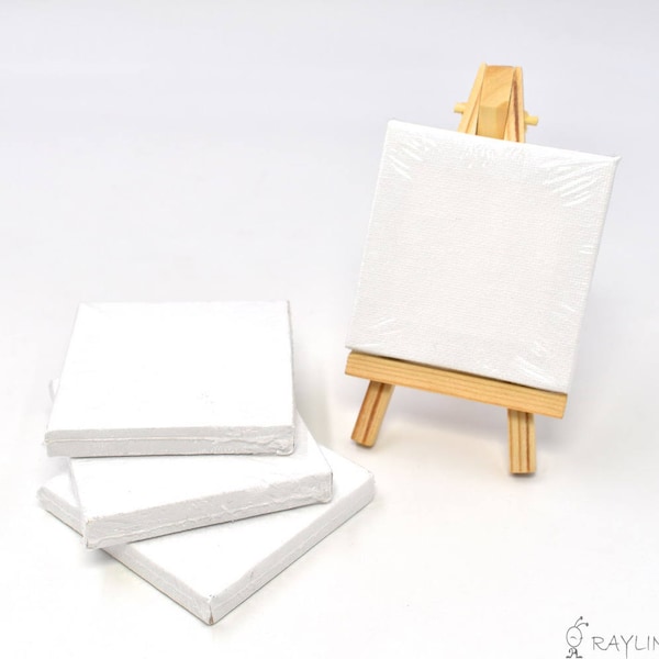 Set of 4pcs Mini Artist Blank Canvas Frame 3x3inch ( 7x7cm ) Oil Water Painting Board Flat Canvas with 1pc Mini Wood Display Easel