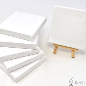 Set of 6pcs Mini Artist Blank Canvas Frame 4x4inch ( 10x10cm ) Oil Water Painting Board Flat Canvas with 1pc Mini Wood Display Easel