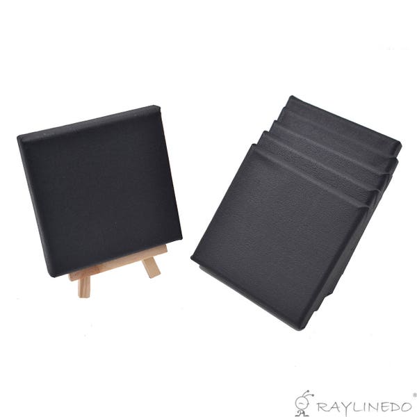 Lot de 6pcs artiste Mini noir toile cadre 4x4inch (10x10cm) huile eau peinture planche plat toile avec 1pc Mini chevalet bois