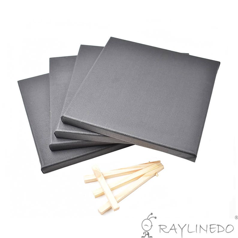 Set of 4pcs Mini Artist Black Canvas Frame 8x8inch Oil Water Painting Board Flat Canvas with 1pc Mini Wood Display Easel 20x20cm
