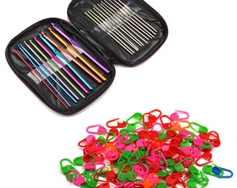 22pcs Mixed Aluminum Handle Crochet Hooks Needle Yarn Weave Knit Craft Set with 20PCS Knitting Crochet Locking Stitch Marker(CTJZ21CHKN2201)
