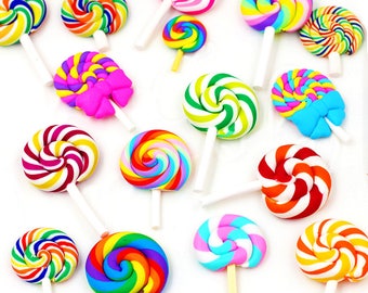 16pcs Random Lollipop Shape Polymer Clay Embellishmentst Rainbow Color DIY Cabochon Craf Scrapbook Ornament(CTJZ21-PC-LP)