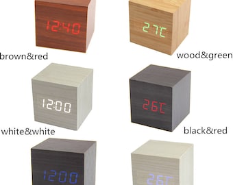 Latest Design Fashion Cube Mini LED Wooden Digital Alarm Clock -Time Temperature Date Display - Voice and Touch Activated(CTJZ21-WOODCLOCK-)