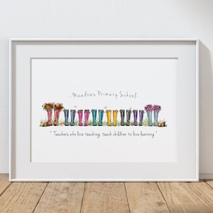 May include: A framed print featuring a watercolour illustration of a row of colourful wellies with flowers. The text "Meadows Primary School" and "Teachers who love teaching, teach children to love learning" is printed below the illustration.