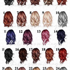 May include: A set of 24 different hair color options for a digital illustration of a woman's back view. The hair is styled in a short, wavy bob.