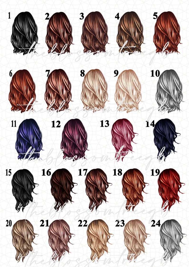 May include: A set of 24 different hair color options for a digital illustration of a woman's back view. The hair is styled in a short, wavy bob.