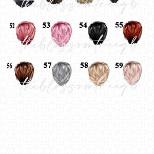 May include: A collection of illustrations featuring various hairstyles in different colors. The image showcases a variety of hair colors, including black, brown, blonde, pink, and gray. Each hairstyle is depicted as a small, round shape.