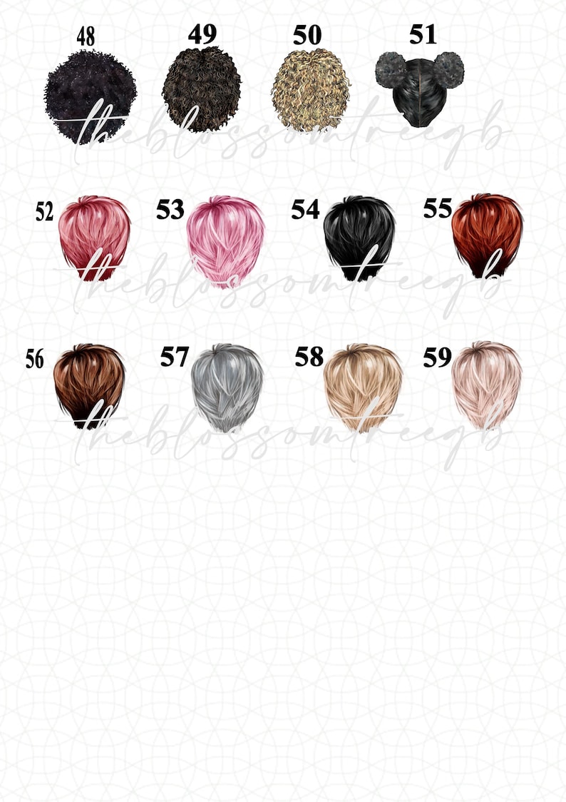 May include: A collection of illustrations featuring various hairstyles in different colors. The image showcases a variety of hair colors, including black, brown, blonde, pink, and gray. Each hairstyle is depicted as a small, round shape.