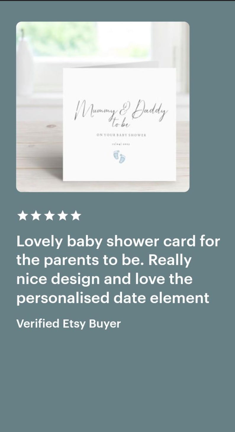 May include: A white baby shower card with the text "Mummy & Daddy to be" and "On your baby shower". The card features a pair of blue baby footprints.